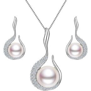 EVER FAITH 925 Sterling Silver CZ AAA Freshwater Cultured Pearl Flower Bud Necklace Earrings Set
