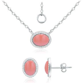 SEA OF ICE 925 Sterling Silver 8x6 Oval Shape Genuine or Simulated Gemstone Pendant Necklace, 16"+ 2" Extender and Stud Earrings, Jewelry Set for Women Girls