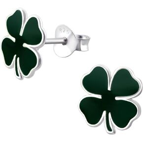 925 Sterling Silver Green Shamrock Four Leaf Clover Stud Earrings 4670