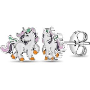 925 Sterling Silver Multicolor Enamel Rainbow Unicorn Stud Earrings for Little Girls and Preteens - Little Girls Dress Up Unicorn Stud Earrings - Unicorn Birthday Jewelry Gifts for Young Girls