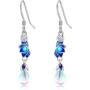 Lotus Earrings 925 Sterling Silver Lotus Moonstone Dangle Drop Earrings Lotus Jewelry for Women Girls Gifts