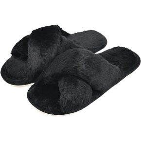 Women‘s Fuzzy slippers Memory Foam Cross band Slippers Cozy Plush Home Slippers Open Toe indoor slippers