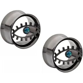 Pierced Owl Black PVD 316L Stainless Steel Cut Out Evil Eye with Green Opal Double Flared Tunnels, Sold As Pair