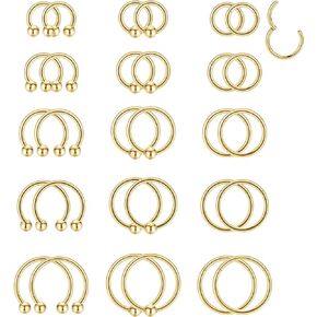 Vegolita 30PCS 16G 18G Stainless Steel Cartilage Hoop Earrings for Women Men Helix Tragus Daith Conch Hoop Hinged Clicker Segment Nose Rings Captive Bead Ring Horseshoe Septum Lip Ring