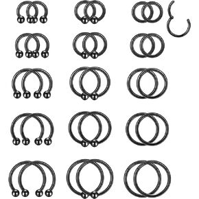 Vegolita 30PCS 16G 18G Stainless Steel Cartilage Hoop Earrings for Women Men Helix Tragus Daith Conch Hoop Hinged Clicker Segment Nose Rings Captive Bead Ring Horseshoe Septum Lip Ring