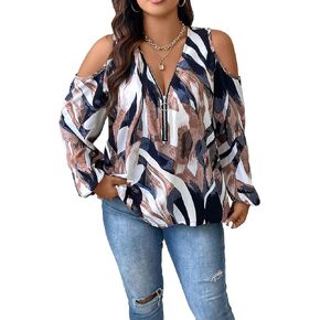 SOLY HUX Women's Plus Size Blouse Allover Print Cold Shoulder Bishop Long Sleeve Half Zip Tops