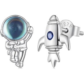 Astronaut Spacecraft Asymmetrical Stud Earrings for Women Girls 925 Sterling Silver CZ Crystal Cartilage Earrings Small Studs Tragus Piercing Cute Jewelry Gifts Hypoallergenic