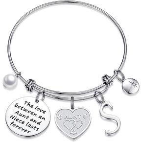 Valentines Day Gifts for Her Aunt Charm Bracelet, Dainty Aunt Gift Engraved The Love between an Aunt and Niece Lasts Forever Initial Charm Bracelets Cute Valentines Day Gifts for Her Aunt