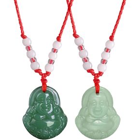 Green Jade Buddha Circle Red String Pendant Necklace - Chinese Traditional Amulet for Luck and Protection