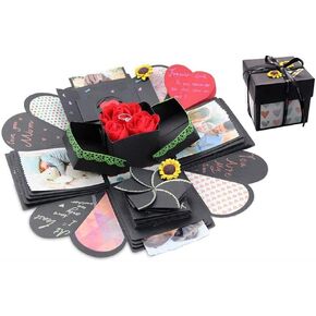 صندوق هدايا صندوق هدايا إبداعي، ألبوم صور DIY لذاكرة الحب كهدية عيد ميلاد وحلقة صندوق مفاجأة حول زهور الحب مفتوحة بمقاس 35.56 سم × 35.56 سم (أسود) (انقر لتحديد أسود) in Kuwait