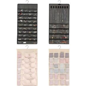 Hanging Jewelry Organizer,Closet Hanging Dual Sided Wall Shelf Storage Bags， Large storage space(Grey +beige)
