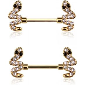 Pierced Owl 14GA 316L Stainless Steel CZ Crystal Snake Ends Nipple Barbells, Sold as a Pair