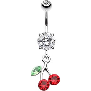 Pierced Owl 14GA Stainless Steel CZ Crystal Cherry Dangling Belly Button Ring
