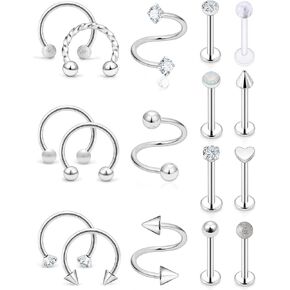 16G Lip Rings For Women Stainless Steel Horseshoe Rings Lip Studs Medusa Labret Monroe Lip Rings Piercing Jewelry Tragus Helix Cartilage Forward Earrings Piercing Jewelry Retainer 17pcs