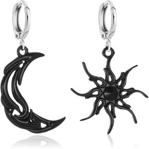 MALOYANVE Sun and Moon Earrings for Women Girls Boho Opal Moonstone Natural Stone Hook Bohemian Asymmetrical Antiqued Silver Drop Dangle Celestial Jewelry