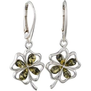 Amber Earrings - Baltic Amber French Leverback Green Amber Dangling Earrings "Shamrock" - Sterling Silver Jewelry Collection