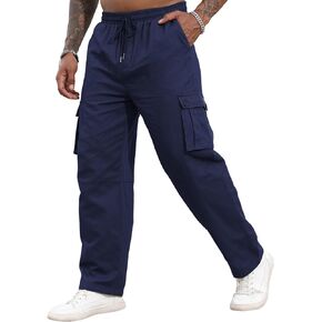 Mens Casual Cargo Pants Joggers Elastic Waist Stretch Drawstring Relaxed Fit Hiking Trousers with Multi Pockets