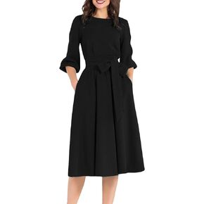 AOOKSMERY Women Elegance Audrey Hepburn Style Round Neck 3/4 Puff Sleeve Swing Midi Dress Long Belt Dresses with Pockets
