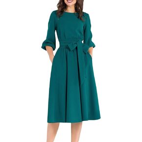 AOOKSMERY Women Elegance Audrey Hepburn Style Round Neck 3/4 Puff Sleeve Swing Midi Dress Long Belt Dresses with Pockets