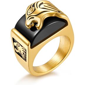 ABUAMO Mens Lion Ring Stainless Steel Unique Statement Signet Onyx Ring Size 7-13