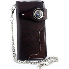 محفظة جلدية طويلة مصنوعة يدويا بتصميم راس رئيس راكبي الدراجات الامريكية الهندية مع سلسلة، بني، مقاس واحد, بني, One Size in Kuwait