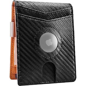 Mens Slim AirTag Wallet with Money Clip, Smart AirTag Wallet for Men Minimalist Front Pocket-Sized Carbon Fiber Leather Credit Card Holder Case（Airtag not included ）
