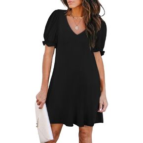 Women's Casual Dresses Puff Short Sleeve V-Neck Cocktail Dress with Pockets