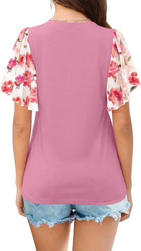 MIHOLL إمرأة الخامس الرقبة كشكش كم تي شيرت 2023 الصيف بلايز عادية قصيرة الأكمام بلوزة شيفون قمصان in Kuwait