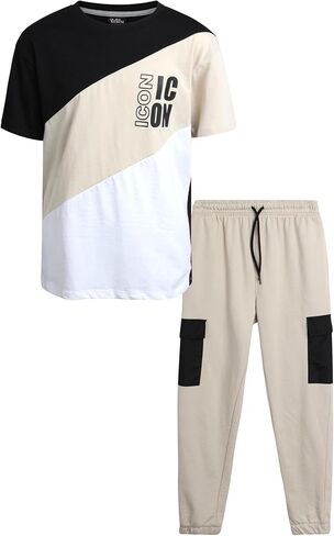 طقم سراويل للأولاد من Quad Seven - قطعتان من تي شيرت بأكمام قصيرة وبنطال رياضي French Terry Cargo مع جيوب (8-18) in Kuwait