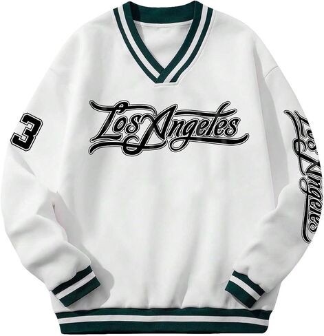 كنزات رجالي من COZYEASE مطبوع عليها حروف جرافيك مخططة ورقبة على شكل حرف V وأكمام طويلة بلوفر سويت شيرت بريبي in Kuwait