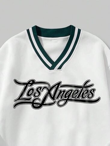 كنزات رجالي من COZYEASE مطبوع عليها حروف جرافيك مخططة ورقبة على شكل حرف V وأكمام طويلة بلوفر سويت شيرت بريبي in Kuwait