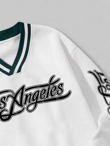 كنزات رجالي من COZYEASE مطبوع عليها حروف جرافيك مخططة ورقبة على شكل حرف V وأكمام طويلة بلوفر سويت شيرت بريبي in Kuwait