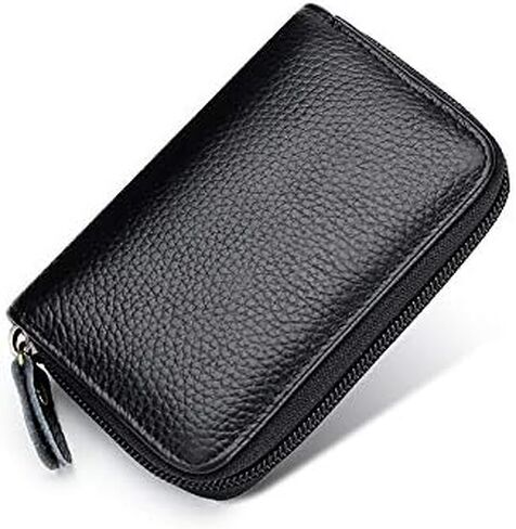 Card Holder Wallet, Zipper Coin Purse Accordion Wallet, Genuine Cow Leather Card Case, Black Small Wallet Business Card Holder for Men or Women in Kuwait