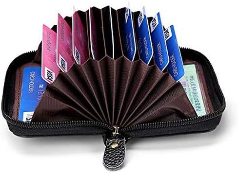 Card Holder Wallet, Zipper Coin Purse Accordion Wallet, Genuine Cow Leather Card Case, Black Small Wallet Business Card Holder for Men or Women in Kuwait