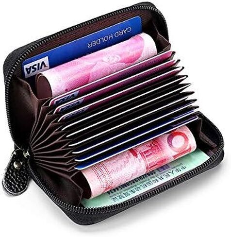 Card Holder Wallet, Zipper Coin Purse Accordion Wallet, Genuine Cow Leather Card Case, Black Small Wallet Business Card Holder for Men or Women in Kuwait
