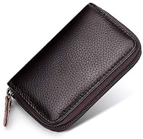 Card Holder Wallet, Zipper Coin Purse Accordion Wallet, Genuine Cow Leather Card Case, Black Small Wallet Business Card Holder for Men or Women in Kuwait