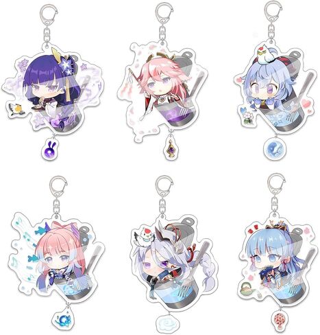 مجموعة سلسلة مفاتيح جينشين إمباكت 6 قطع، سلسلة مفاتيح أكريليك لطيفة الشكل من جينشين، سلاسل مفاتيح هدايا إمباكت جينشين مع حلقة مفاتيح in Kuwait