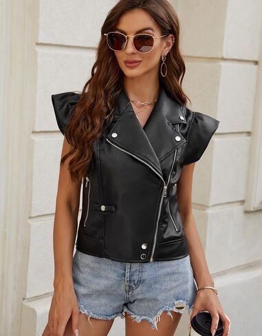 Kedera Womens PU Leather Ruffle-Trim Vest Winter Faux Leather Zip Up Sleeveless Moto Jacket in Saudi Arabia