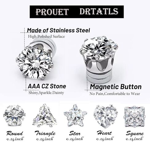 YCL&TXL 5 أزواج من الأقراط الفولاذ المقاوم للصدأ غير المثقوبة أشكال مختلفة مكعب زركونيا مجموعة أقراط مغناطيسية للنساء والرجال 6 مم (فضي) in Kuwait