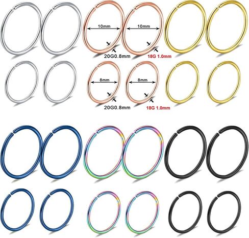 24 قطعة من حلقات الانف الحلقية مقاس 20 بدون ثقب من الستانلس ستيل بمشبك مجوهرات للجسم - 5/16 انش (8 ملم 10 ملم) in Kuwait