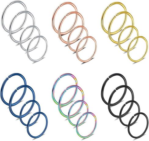 24 قطعة من حلقات الانف الحلقية مقاس 20 بدون ثقب من الستانلس ستيل بمشبك مجوهرات للجسم - 5/16 انش (8 ملم 10 ملم) in Kuwait