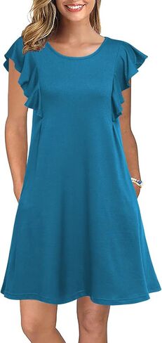 WOOSEA Women's Summer Casual T Shirt Dresses Ruffle Sleeve Swing Dress Pockets in Saudi Arabia