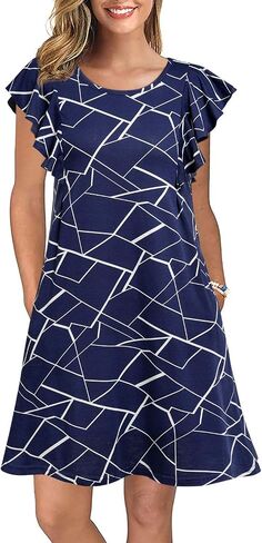 WOOSEA Women's Summer Casual T Shirt Dresses Ruffle Sleeve Swing Dress Pockets in Saudi Arabia