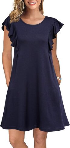 WOOSEA Women's Summer Casual T Shirt Dresses Ruffle Sleeve Swing Dress Pockets in Saudi Arabia