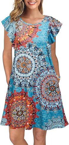 WOOSEA Women's Summer Casual T Shirt Dresses Ruffle Sleeve Swing Dress Pockets in Saudi Arabia