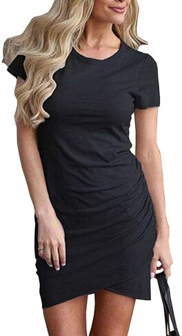 Women's Short Sleeve Summer Bodycon Short Dress Casual Stretchy Ruched Crew Neck T Shirt Short Mini Dress in Saudi Arabia