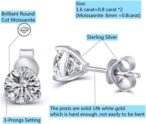 DovEggs 14K White Gold Post 1.6ct 6mm/2ct 6.5mm G-H-I Color Heart Arrows Cut Moissanite Martini Stud Earring Sterling Silver Push Back for Women in Saudi Arabia