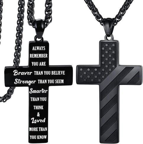 قلادة صليب سوداء للأولاد، قلادة صليب للرجال، هدية مسيحية لعيد الأب/عيد الميلاد/المعمودية للأب والابن والزوج مع بطاقة ذات معنى وصندوق هدايا in Kuwait