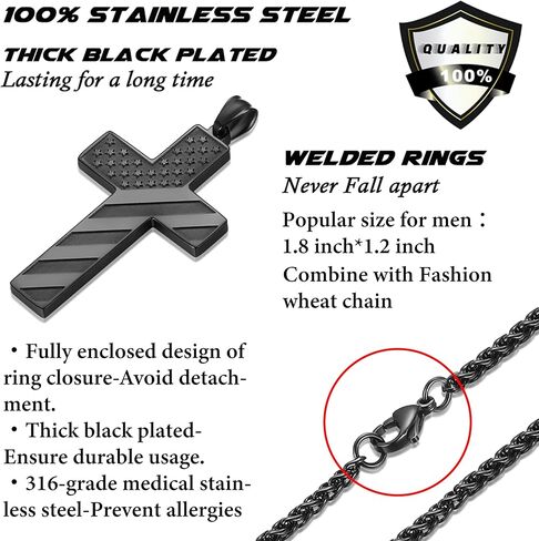 قلادة صليب سوداء للأولاد، قلادة صليب للرجال، هدية مسيحية لعيد الأب/عيد الميلاد/المعمودية للأب والابن والزوج مع بطاقة ذات معنى وصندوق هدايا in Kuwait