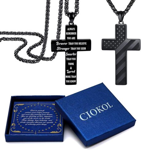 قلادة صليب سوداء للأولاد، قلادة صليب للرجال، هدية مسيحية لعيد الأب/عيد الميلاد/المعمودية للأب والابن والزوج مع بطاقة ذات معنى وصندوق هدايا in Kuwait